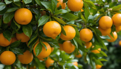 oranges on tree. Ripe oranges on tree with dense green leaves.