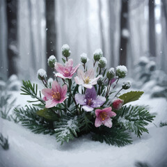 A hyper-realistic still life of forest flowers in the middle of a snowy woodland. The flowers, a mix of vibrant yet delicate wild blossoms, are dusted with tiny snowflakes resting gently on their peta