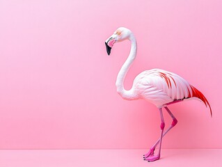 Fototapeta premium Pink flamingo standing on pink background.