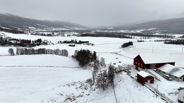 Aerial view of rural winter landscape at Lesja, near Dombas in the mountains of southern Norway