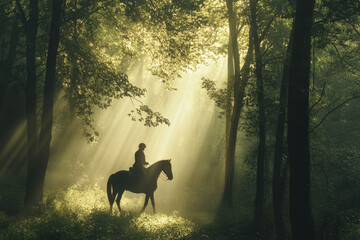 Silhouette of a rider on horseback in a sun-dappled forest, surrounded by streaming light and mist, creating a serene and mystical atmosphere.