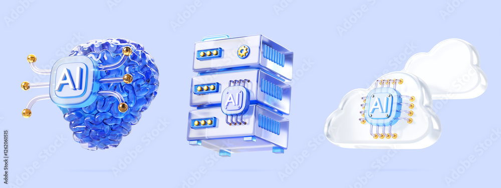 Fototapete 3d glass artificial intelligence icon set render. Brain with ai chip, data server, cloud computing for ui design isolated on blue background. Technology, science and business concept. 3D illustration