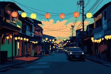 Naklejka premium Vibrant Street Scene with Lanterns at Dusk in Colorful Skies