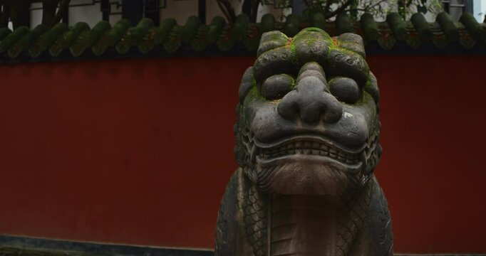 Chengdu, Sichuan, China. Stone Sculptures Of Kylins Or Qilin At Tomb Passage In Wuhou Memorial Temple. Stone Unicorn Carving. Kylins Is Mascot Dragon In China. Qilin Legendary Hooved Chimerical