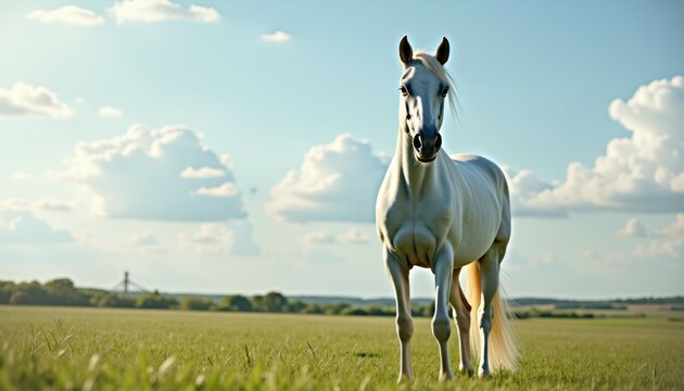 A majestic white horse stands gracefully in a green field