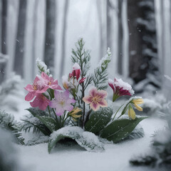 A hyper-realistic still life of forest flowers in the middle of a snowy woodland. The flowers, a mix of vibrant yet delicate wild blossoms, are dusted with tiny snowflakes resting gently on their peta