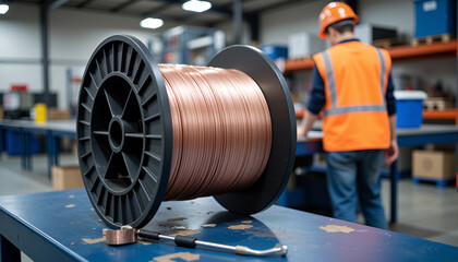 Copper wire roll at factory with worker - manufacturing