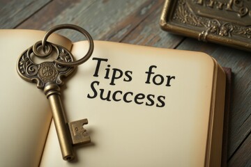 Bronze key rests atop an open book titled tips for success
