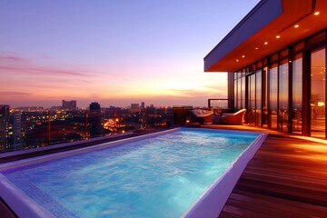 Obraz premium Rooftop infinity pool at sunset overlooking city skyline.