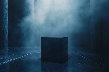 Dark moody room with a stone cube on a marble floor and foggy atmosphere.