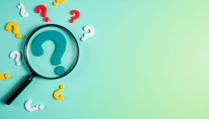 Bright questions with magnifying glass - seeking answers