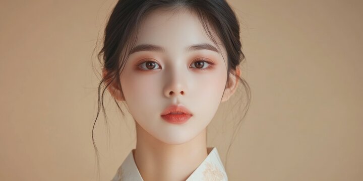 A young Asian woman with a stylized portrait that has her face split into two distinct halves, each with its own color palette.