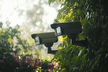 Two security cameras mounted on a wall, hidden amongst lush green foliage and flowers.