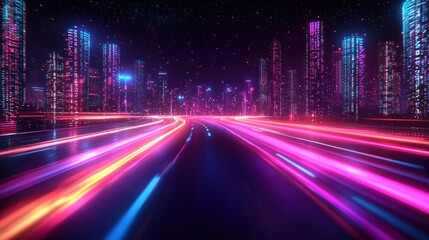 Neon highway speeding towards futuristic city at night