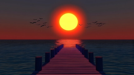 Obraz premium Serene sunset over tranquil ocean, wooden pier extending towards a large, vibrant sun. Birds in flight add to the peaceful atmosphere.