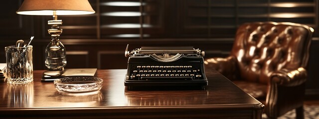 Vintage typewriter on a wooden desk in a study, with a leather armchair and lamp.