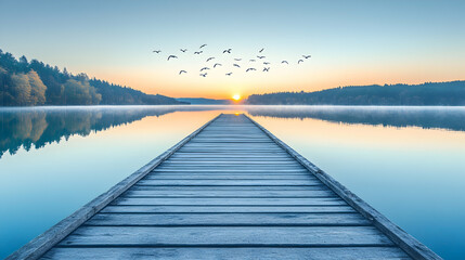 Fototapeta premium Serene sunrise over a tranquil lake, wooden pier extending towards the rising sun, flock of birds in flight.