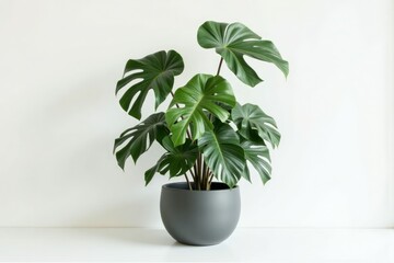 Fototapeta premium Monstera deliciosa plant grows in a gray rounded pot