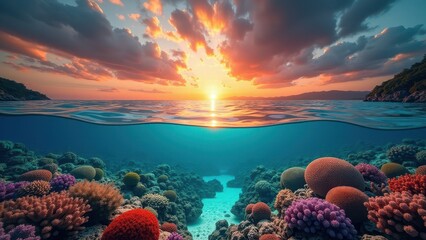 Naklejka premium Split-view of coral reef affected by bleaching with vibrant sunset sky above 