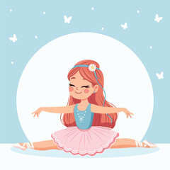 Pretty and gentle ballerina girl in pink and blue dress doing the splits in the room on white background. Poster, Banner, Flyer, Greeting Card. Vector illustration in flat cartoon style