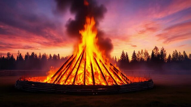 Slavic winter solstice celebration with bonfire at dusk