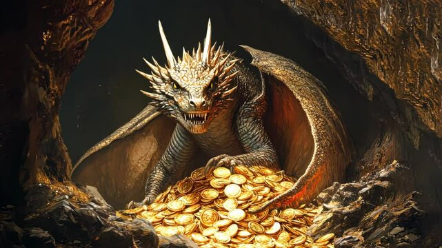 Mystical Illustration of a Dragon in an Enchanted Cave, loop, looping,