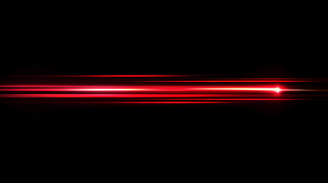 Red speed light horizontal straight line on black background. Realistic vector illustration of abstract neon or laser glow motion effect. Long dynamic flare beam and ray with sparkle in movement
