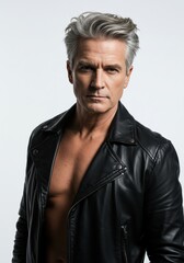 Fototapeta premium Mature silver fox man with silver hair in a leather jacket posing confidently against a plain background