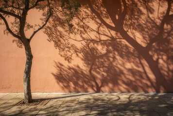 Fototapeta premium Tree Casting Shadows on an Orange Wall, Representing Peaceful Nature with Textured and Earthy Tones