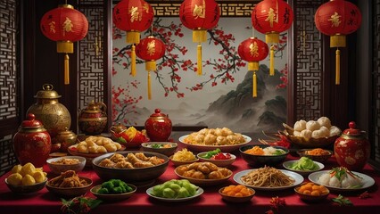 Fototapeta premium Authentic Chinese New Year Feast with Dumplings, Steamed Buns, and Traditional Dishes