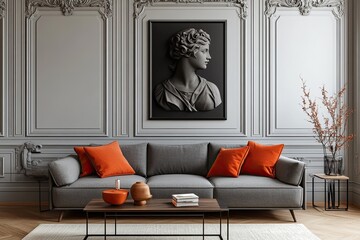 Elegant gray sofa, orange pillows, classical bust, ornate room, interior design