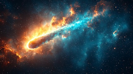 Fototapeta premium Cosmic Inferno: A fiery comet streaks across the cosmos, leaving a trail of blazing gas and cosmic dust in its wake. The spectacle is set against a backdrop of twinkling stars.