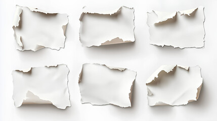 Fototapeta premium Set Collection of blank torn paper pieces with jagged edges and 3D shadows, floating on a white background, suitable for vintage distressed design projects