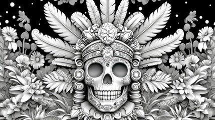 Sugar Skull with Feathers and Flowers: A Monochromatic Day of the Dead Masterpiece