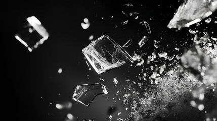 Shattering glass fragments midair captured in high detail with a black background
