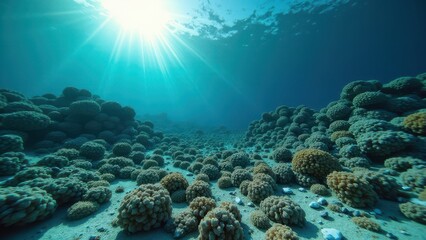 Obraz premium Underwater view of a coral reef affected by bleaching with sunlight streaming down 