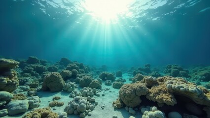 Obraz premium Underwater view of a coral reef affected by bleaching with sunlight streaming down 