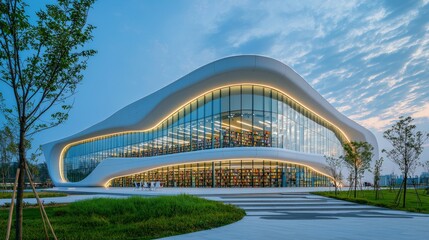 Obraz premium A modern architectural structure with a unique flowing design, large glass windows, and lush greenery, set against a serene evening sky.