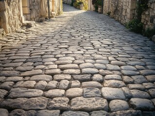 Stretch of sunlit street paved with stone cobblestones.