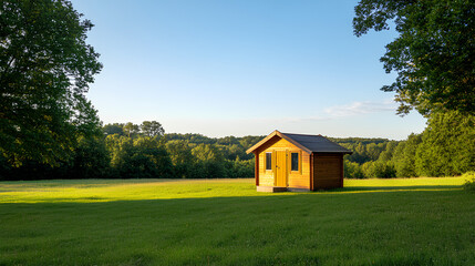 Small wooden cabin in a green field surrounded by trees under a clear blue sky captured in a tranquil rural setting with no people