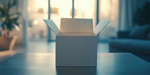Empty cardboard box on a coffee table, indicative of an unopened package or new purchase ready to be revealed.