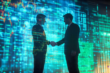Two businessmen shaking hands in a digital environment with data and graphs, symbolizing technology, finance, partnership, and futuristic business deals