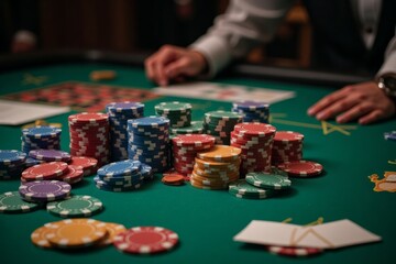 Fototapeta premium A casino table displays many colorful stacks of poker chips