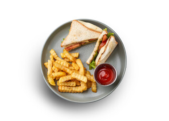 A classic club sandwich served with crispy fries and a side of ketchup.