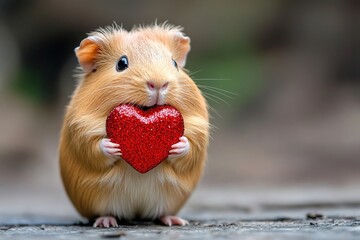 Guinea pig - my preferred animal. Cute guinea pig baby with sparkling rhinestones red heart on in a natural habitat. Promotion animal idea. Valentine's day nature art. Furry valentine's moment.