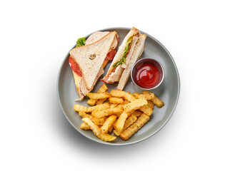 A classic club sandwich served with crispy fries and a side of ketchup.