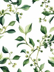 Lush green leaves with berries on white background for festive decoration or apparel.