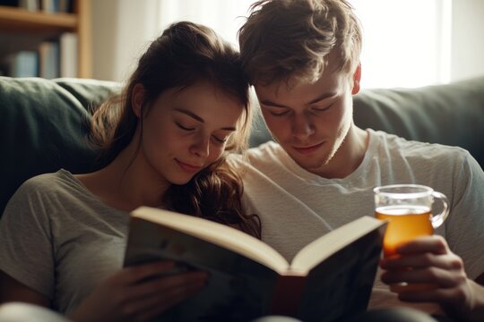 A man and woman sitting on couch, reading books, enjoying a quiet moment together.