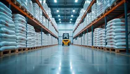 Obraz premium Warehouse forklift & stacked goods on shelves - efficiency
