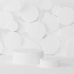 White abstract stage mockup - set of two round podiums for presentation cosmetic products, branding, goods, advertising, sale. Flying circles decor. Template 3D illustration modern gentle scene.